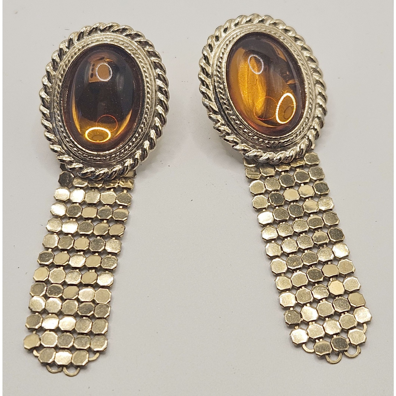 Vintage Whiting And Davis Pierced Earrings Honey Amber Glass Mesh 1970s